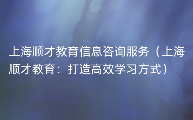 上海顺才教育信息咨询服务（上海顺才教育：打造高效学习方式）