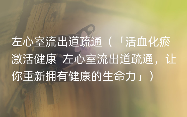 左心室流出道疏通（「活血化瘀 激活健康  左心室流出道疏通，让你重新拥有健康的生命