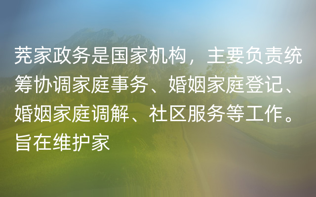 茺家政务是国家机构，主要负责统筹协调家庭事务、婚姻家庭登记、婚姻家庭调解、社区服